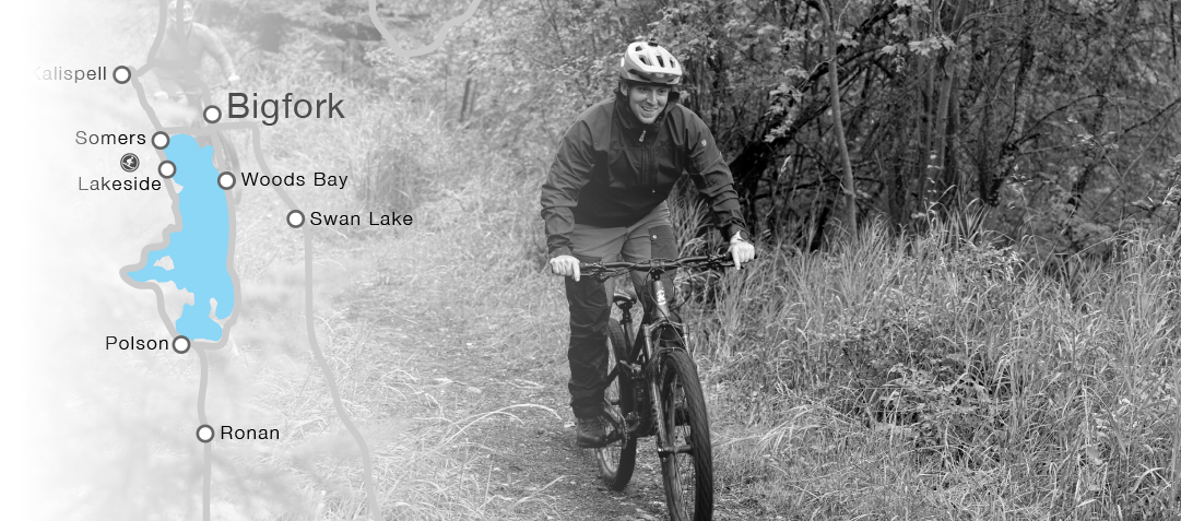 Bicyclist riding a trail with a map overlayed on top of the image